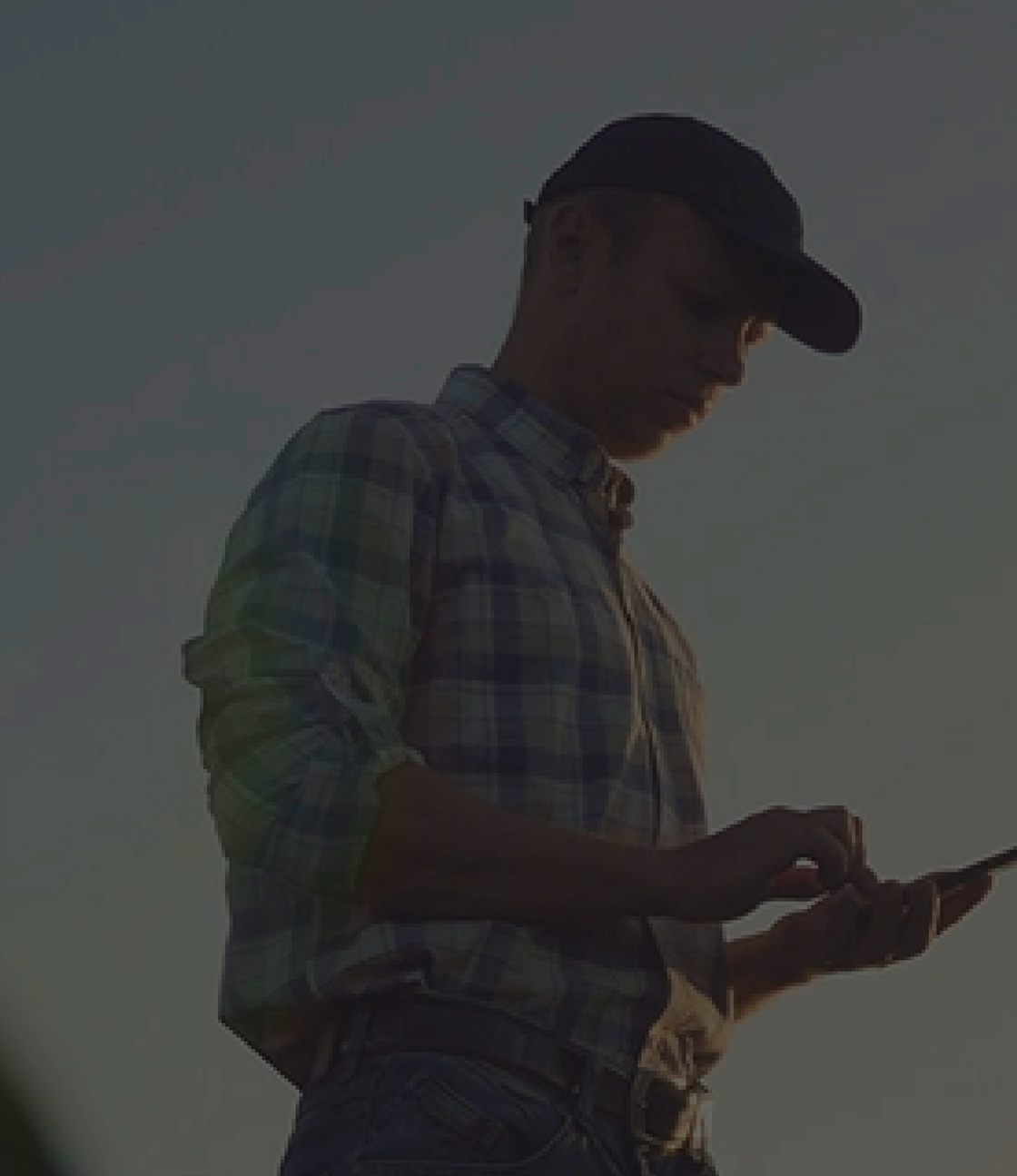 A farmer standing in a corn field at dusk, entering the day's work on a tablet.