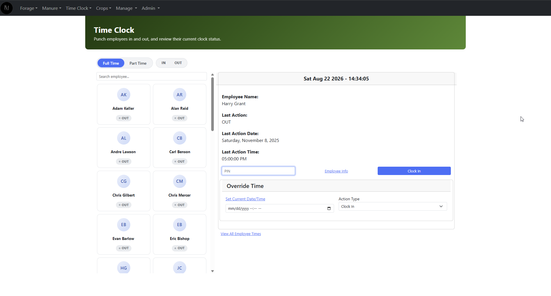 The FarmingMode Time Clock screen. A searchable grid of employee cards on the left showing in or out status, and the selected employee's last action, a PIN box and a Clock In button on the right.
